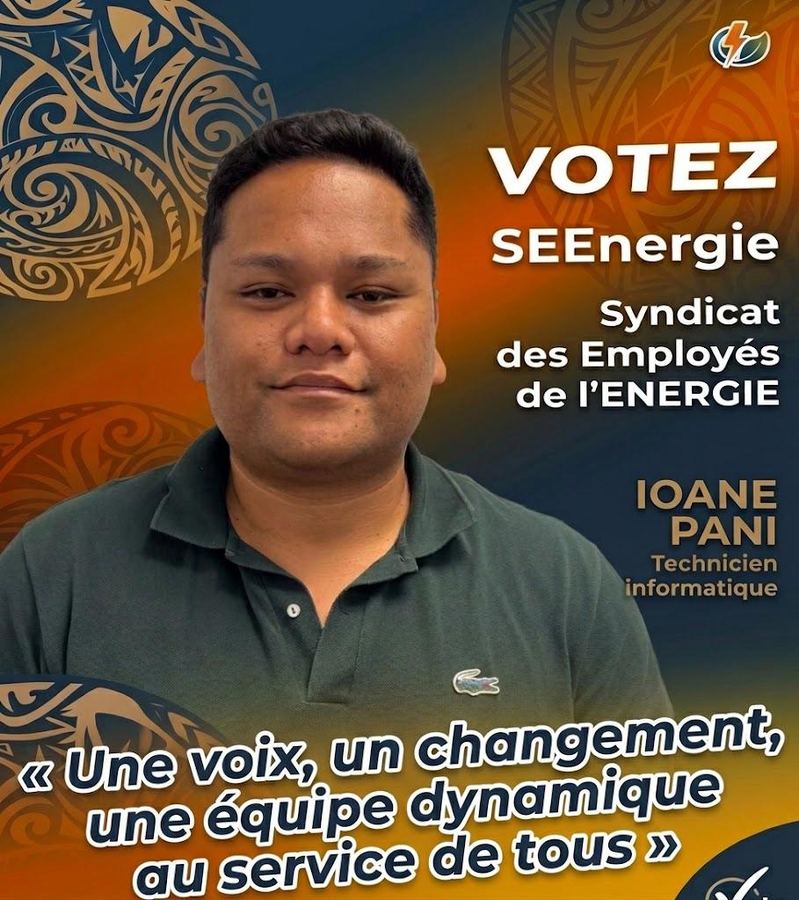 Affiche de campagne de Ioane Pani, technicien informatique. « Une voix, un changement, une équipe dynamique au service de tous. »