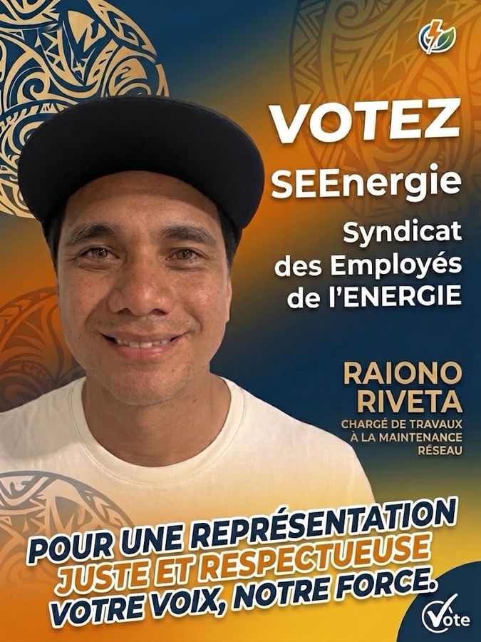Affiche de campagne de Raiono Riveta, chargé de travaux à la maintenance réseau. « Pour une représentation juste et respectueuse. Votre voix, notre force. »